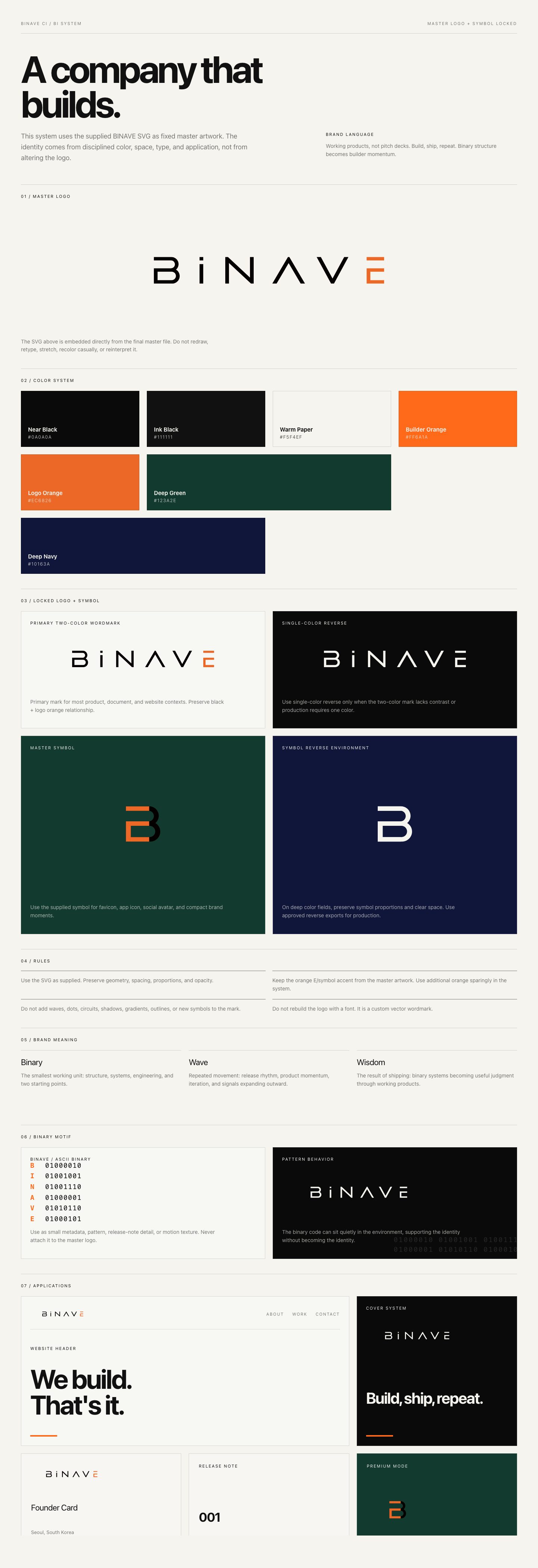Binave brand identity system — master logo, color system, locked logo + symbol
